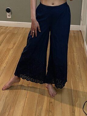 Navy Blue Wide Leg Pants Women Size [S] Flowy Palazzo Lace Hem